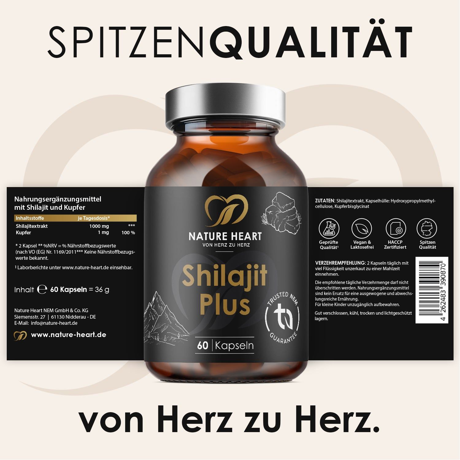 Braune Glasflasche mit Etikett. Shilajit Plus, 60 Kapseln. Aufschrift: Nahrungsergänzungsmittel. Zutatenliste. Siegel.