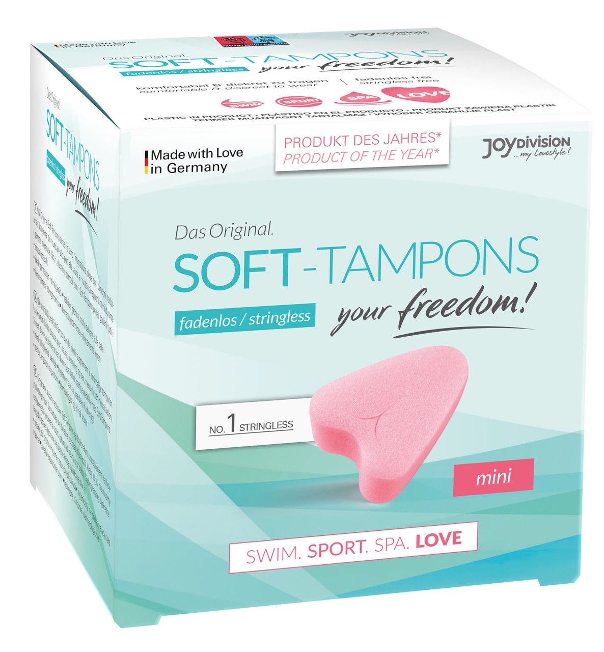 Verpackung von Soft-Tampons mini. Rosa Tampon-Modell abgebildet. Text: fadenlos/stringless, SWIM. SPORT. SPA. LOVE.