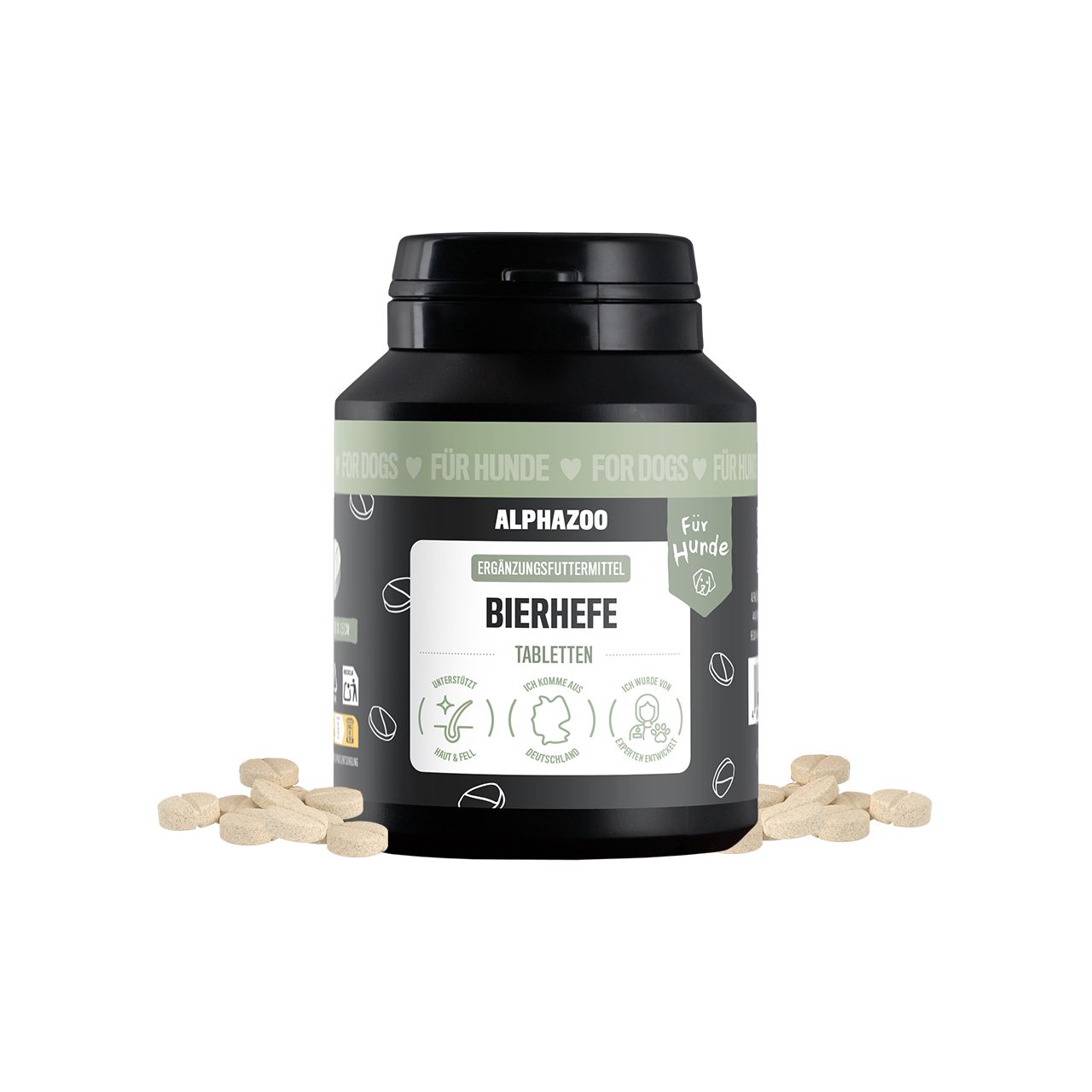 Alphazoo Bierhefe Tabletten 75g in schwarzem Behälter, umgeben von Tabletten.