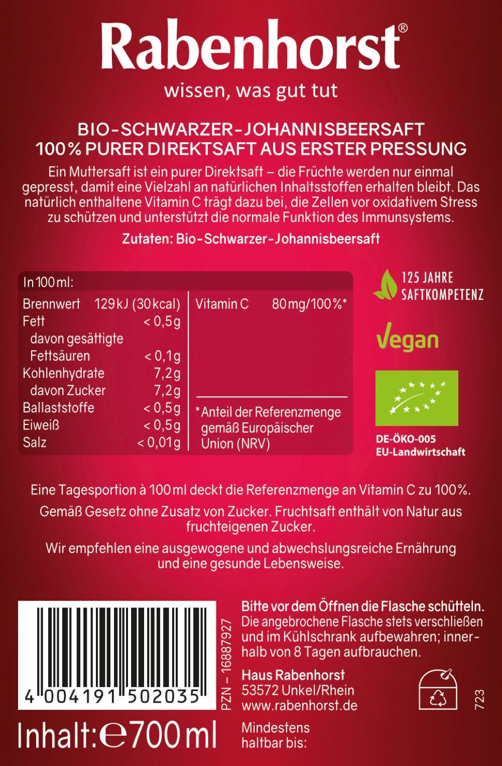 Rabenhorst Schwarze Johannisbeere Muttersaft, Etikett mit Nährwertangaben und Vegan-Siegel.