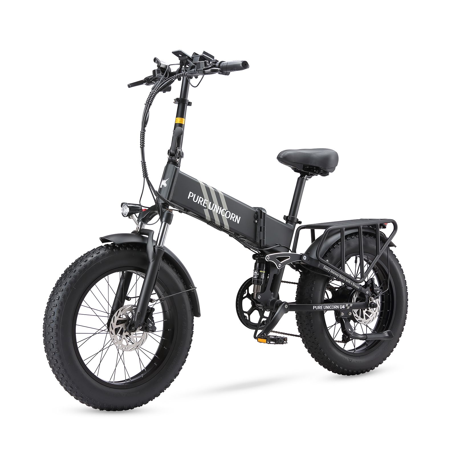Faltbares E-Bike, schwarz, mit breiten Reifen. Marke PURE UNICORN. Gepäckträger und Scheinwerfer.
