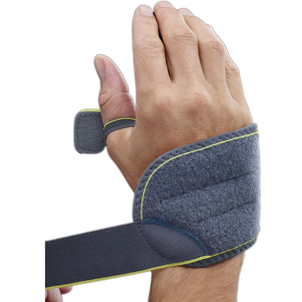 Handgelenkbandage mit Daumenschlaufe und Klettverschluss, grau mit gelben Akzenten.