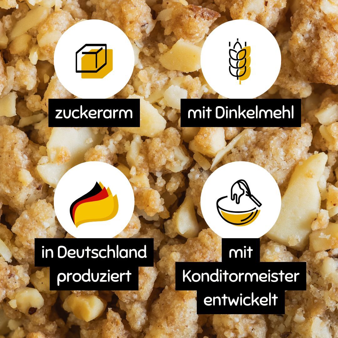 Nahaufnahme von Streuselhappen. Symbole: zuckerarm, Dinkelmehl, hergestellt in Deutschland, entwickelt mit Konditormeister.
