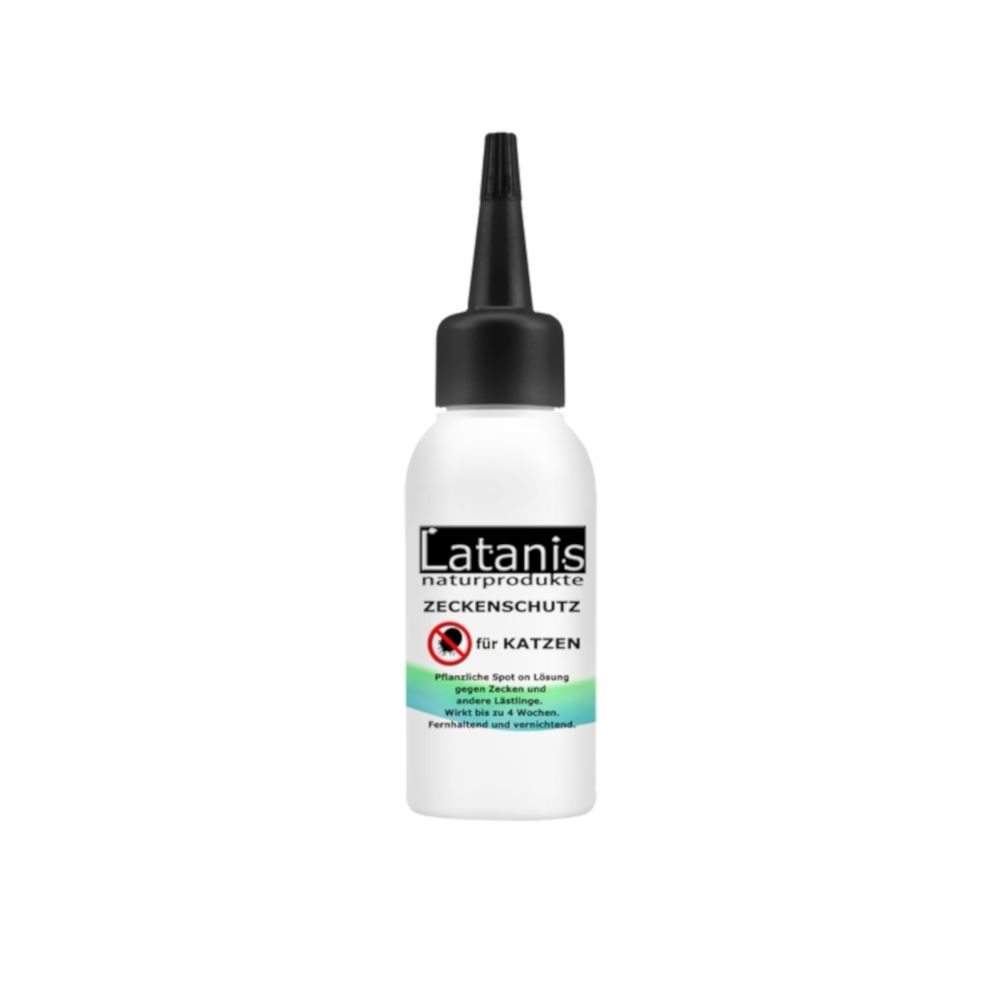 Weiße Flasche mit schwarzem Verschluss. Aufschrift: Latanis Naturprodukte Zeckenschutz für Katzen.