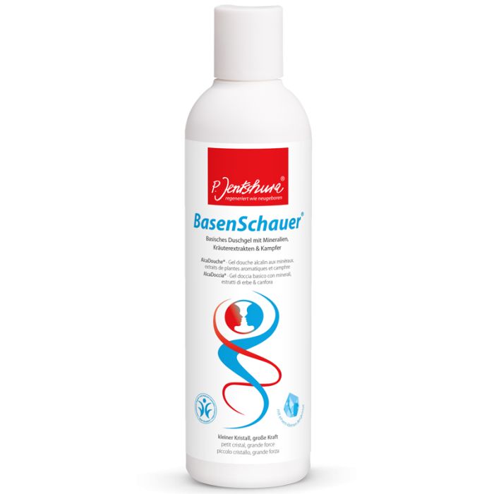 Weiße Flasche mit rotem Etikett. Aufschrift: Jentschura BasenSchauer. Logo mit zwei Personen. Flasche mit Klappverschluss.