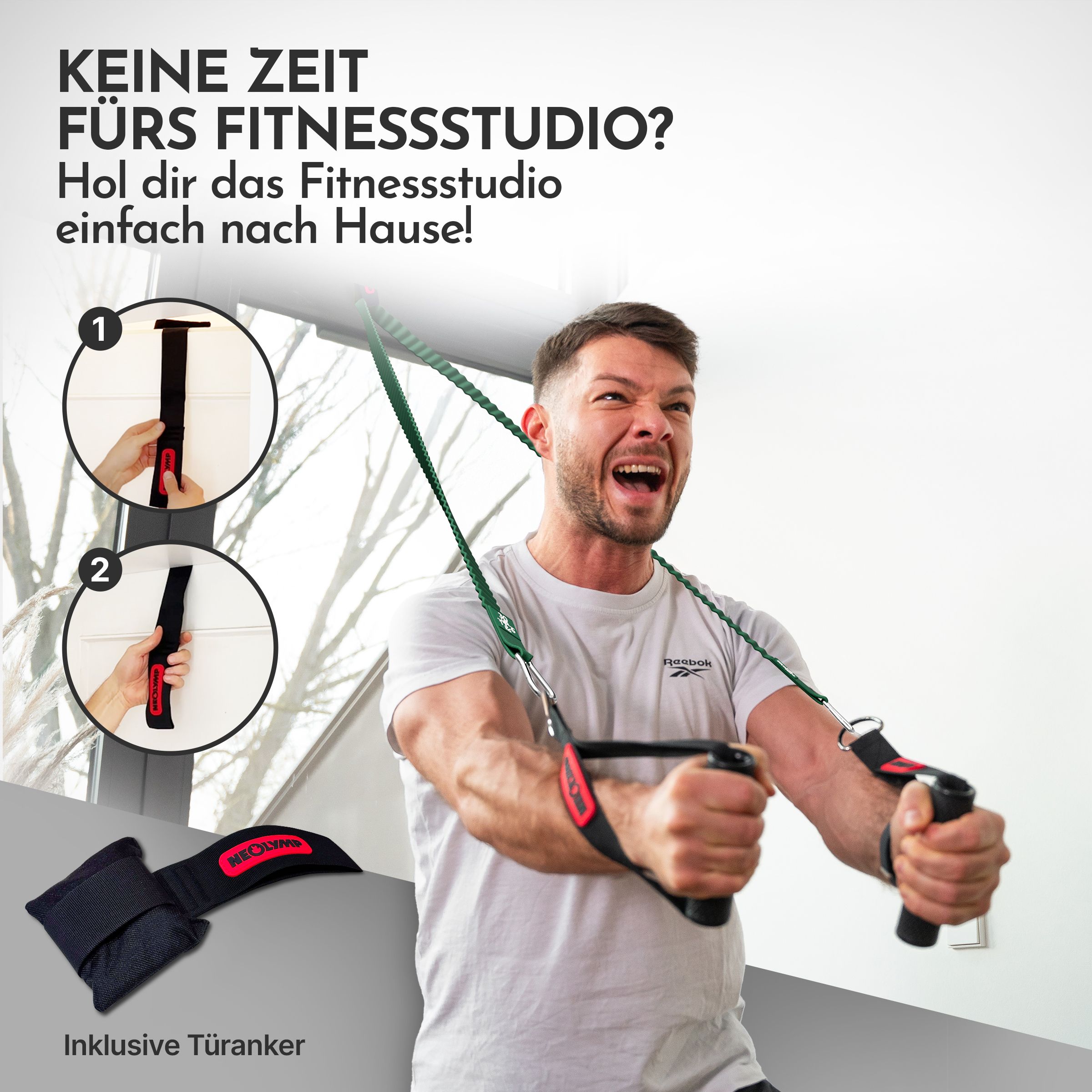Mann trainiert mit Widerstandsbändern. Schwarze Griffe, rotes NEOLYMP-Logo. Inklusive Türanker. Text.
