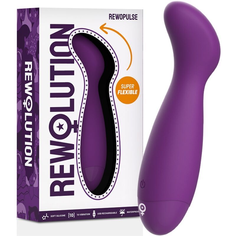 Lila Vibrator neben Verpackung. Verpackung mit "REWOLUTION" und "REWOPULSE" Text.