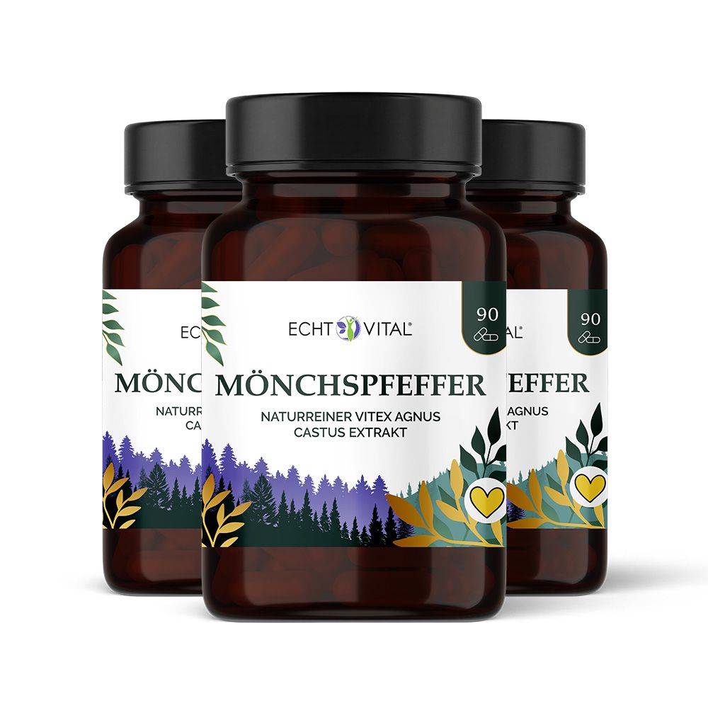 Drei braune Flaschen mit schwarzen Deckeln. Aufschrift: Echt Vital Mönchspfeffer. Etikett mit Produktinformationen. Weißer Hintergrund.