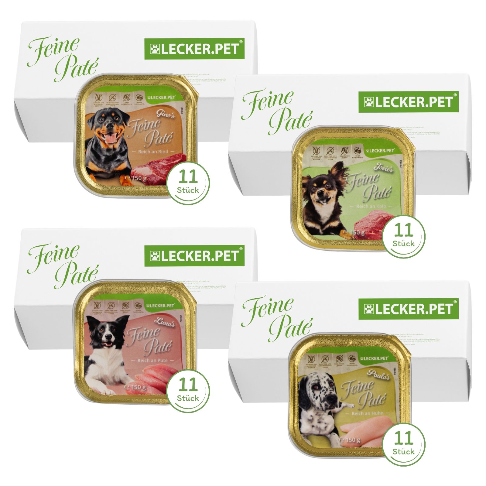 Verpackung mit Hundefutter. 4 Schachteln mit je 11 Stück. Logo: Lecker.Pet. Text: Feine Paté.