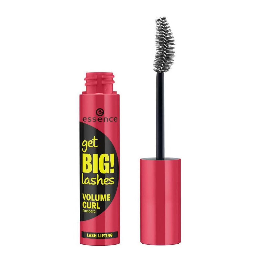 Rote Mascarabürste und -tube. Schwarze Bürste mit Borsten. Aufschrift: get BIG! lashes VOLUME CURL.