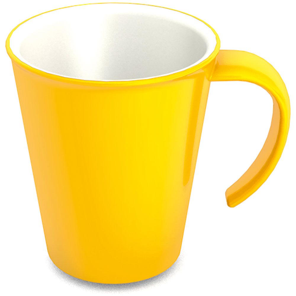 Gelber Becher mit weißem Innenraum und Henkel. Modell 1201.
