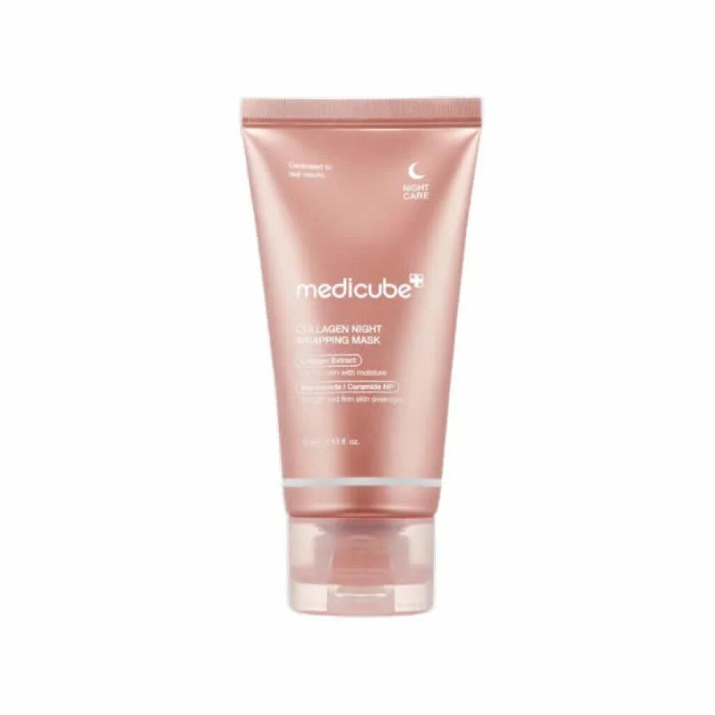Tube des Produkts. Text: Medicube Collagen Night Wrapping Mask. Inhaltsstoffe: Collagen Extract, Niacinamide, Ceramide NP.