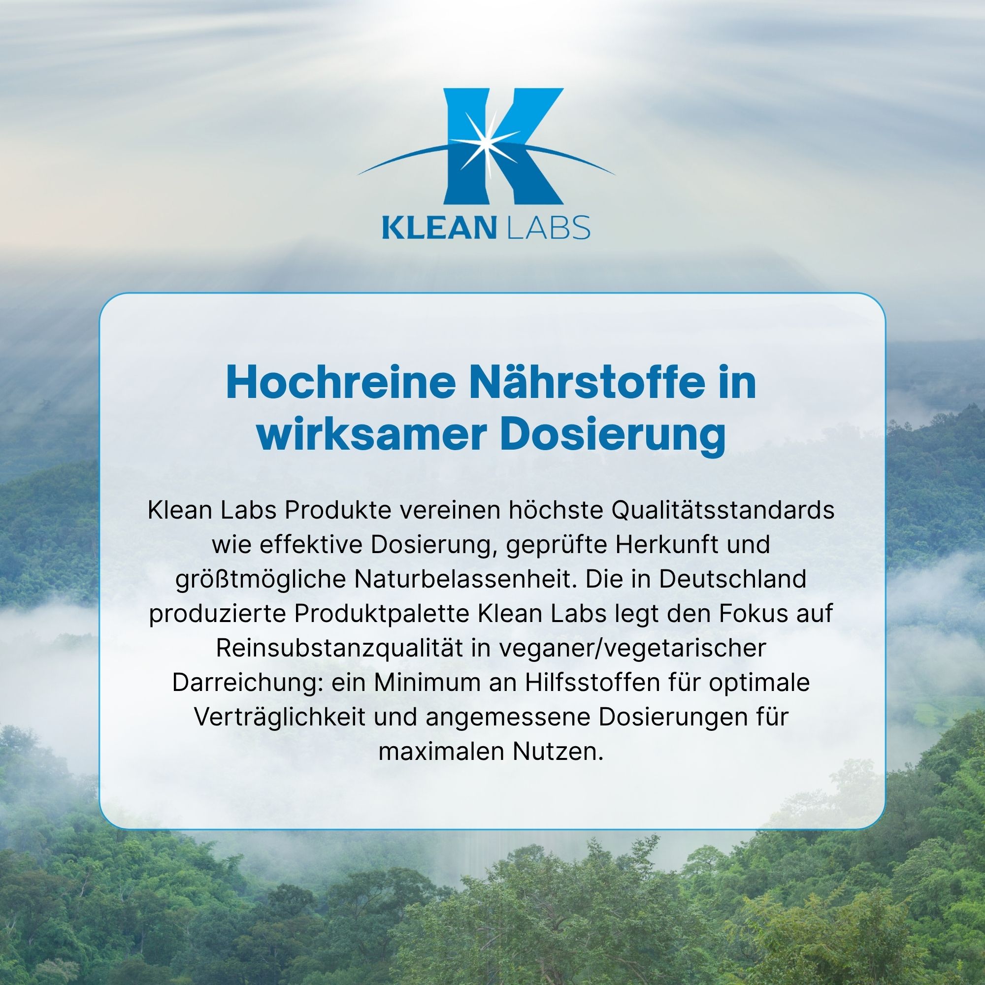 Blaue Infografik mit Text. Klean Labs Produkte. Hochreine Nährstoffe in wirksamer Dosierung.