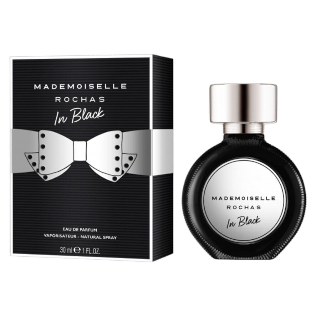 Schwarzer Flakon und Schachtel mit silberner Schleife. Aufschrift: Mademoiselle Rochas In Black. Eau de Parfum Spray.