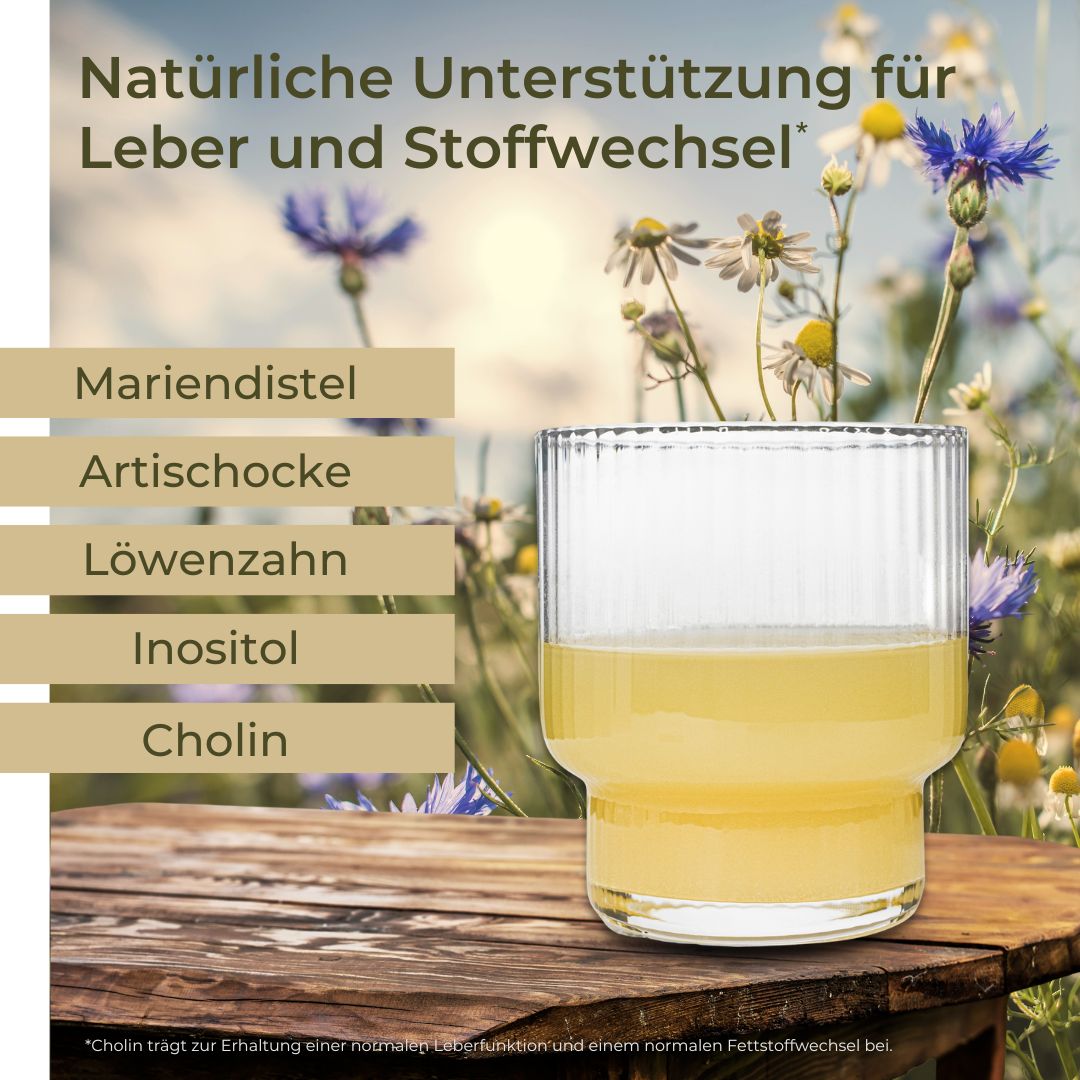 Glas mit gelbem Getränk auf Holz. Zutaten: Mariendistel, Artischocke, Löwenzahn, Inositol, Cholin. Hintergrund: Blumenwiese.