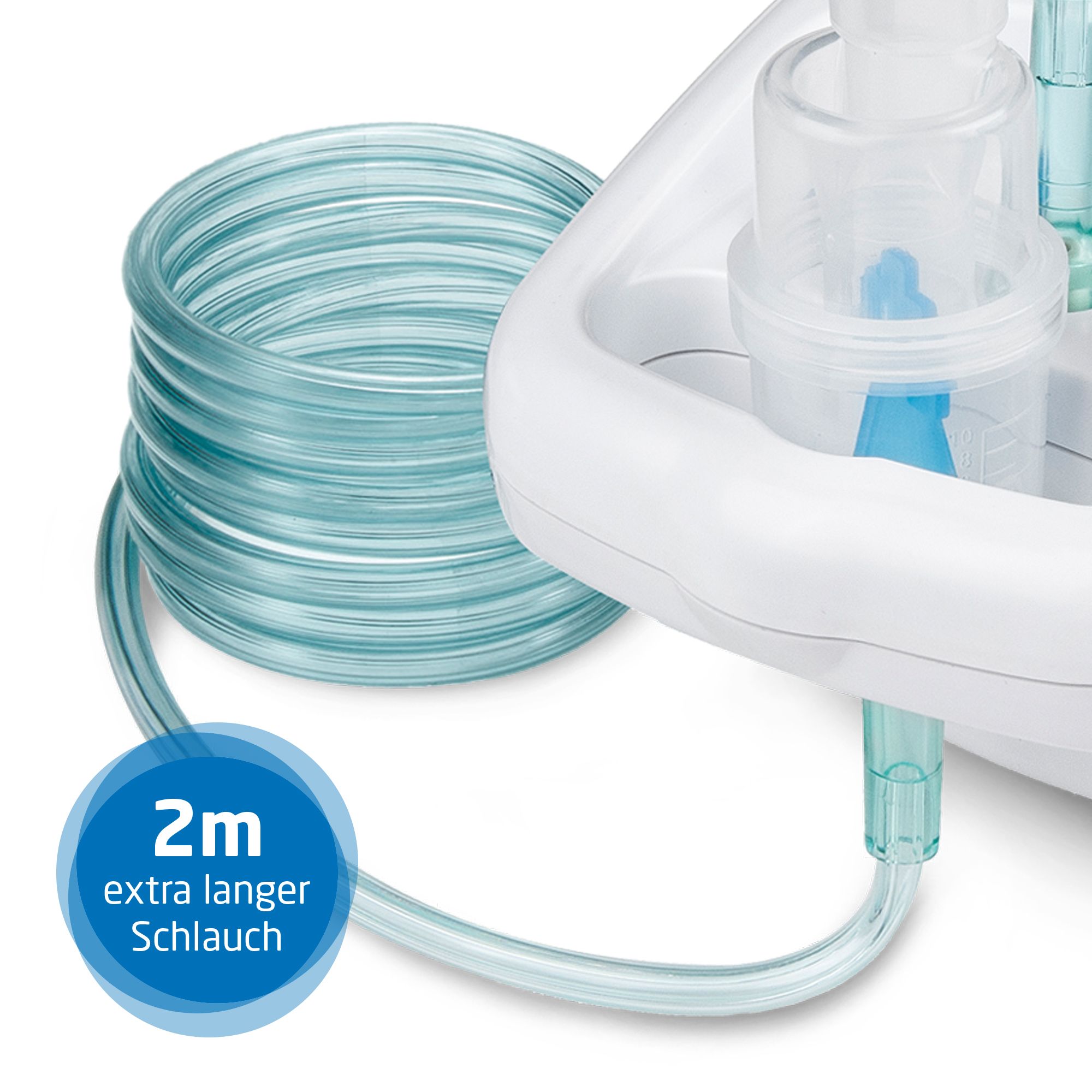 Nahaufnahme des 2m langen Schlauchs des Medisana IN 500 Inhalators.