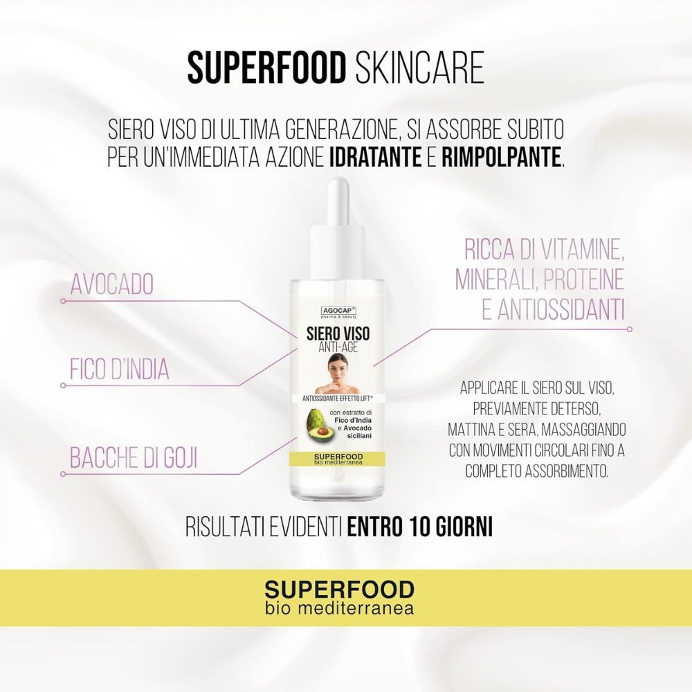 Gesichtsserum-Fläschchen. Aufschrift: Siero Viso Anti-Age. Mit Avocado und Feigenkaktus-Extrakt. Superfood. Text über Anwendung.
