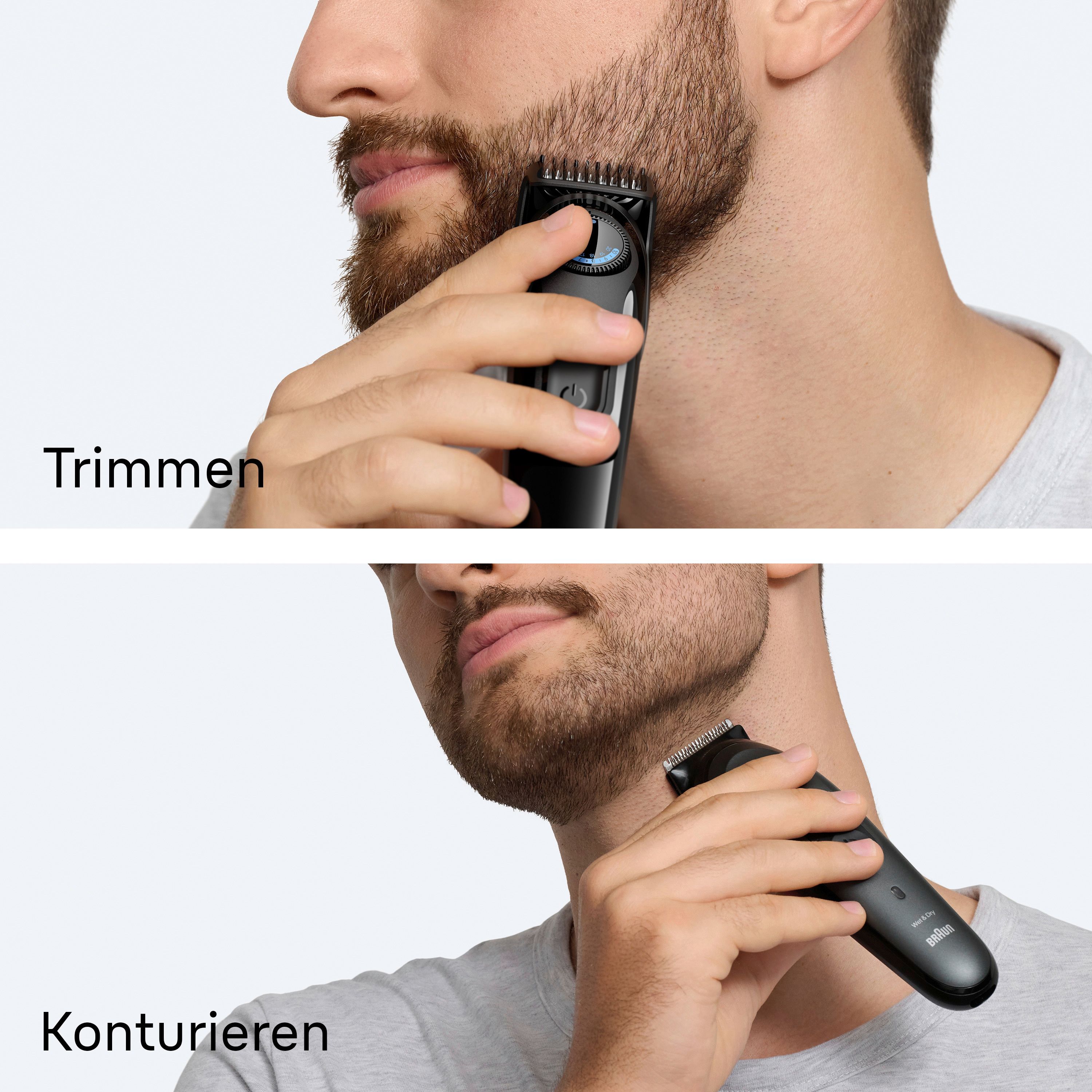 Mann trimmt und konturiert seinen Bart mit dem Braun Bartschneider.