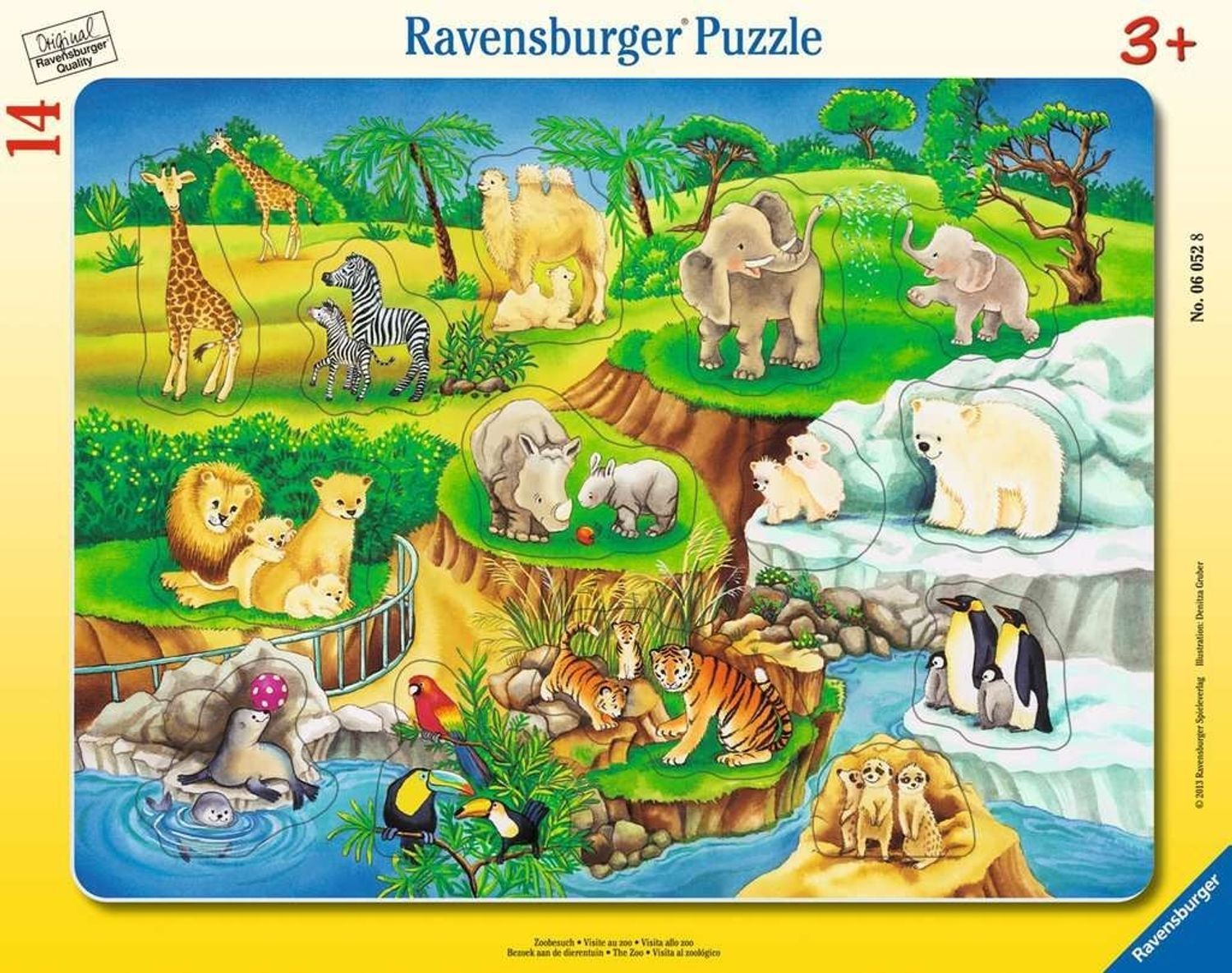 Puzzlespiel mit 14 Teilen. Motiv: Zoo mit Tieren. Marke Ravensburger. Altersempfehlung 3+. Rechteckige Form.