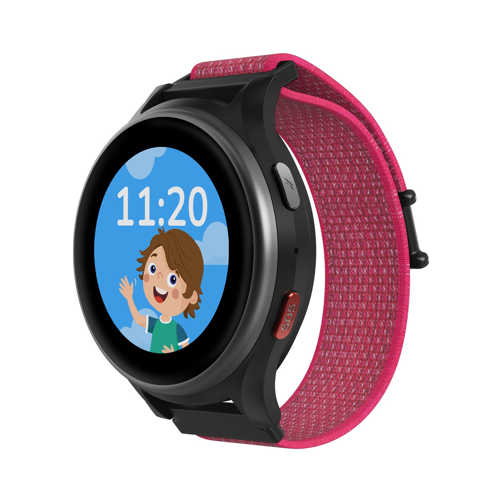 Schwarze Smartwatch mit pinkfarbenem Armband. Auf dem Bildschirm: Kind mit Uhrzeit 11:20. Roter Knopf an der Seite.