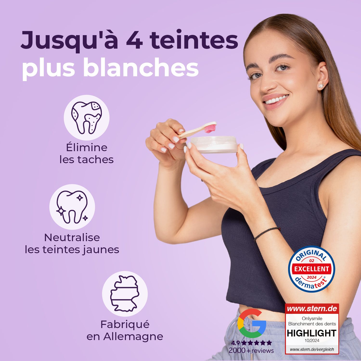 Femme avec produit Onlysmile et cuillère. Texte : Jusqu'à 4 teintes plus blanches, élimine les taches, neutralise les teintes jaunes.