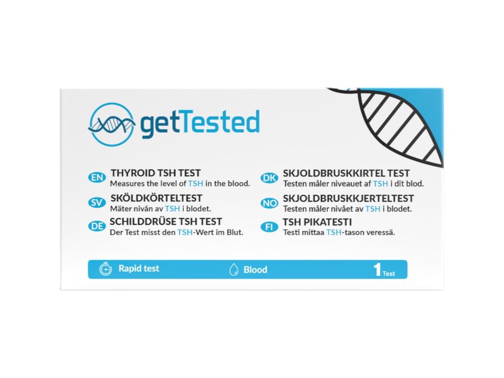 Verpackung von GetTested TSH-Test. Enthält Text in mehreren Sprachen. Zeigt ein Logo und die Aufschrift "1 Test".