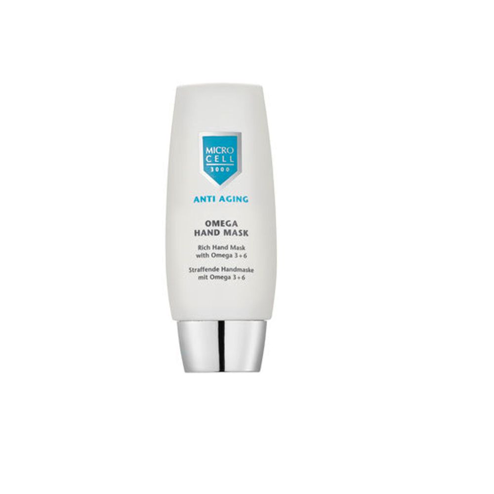 Weiße Tube mit silbernem Verschluss. Aufschrift: Micro Cell 3000, Anti Aging, Omega Hand Mask. Text: Rich Hand Mask with Omega 3-6.