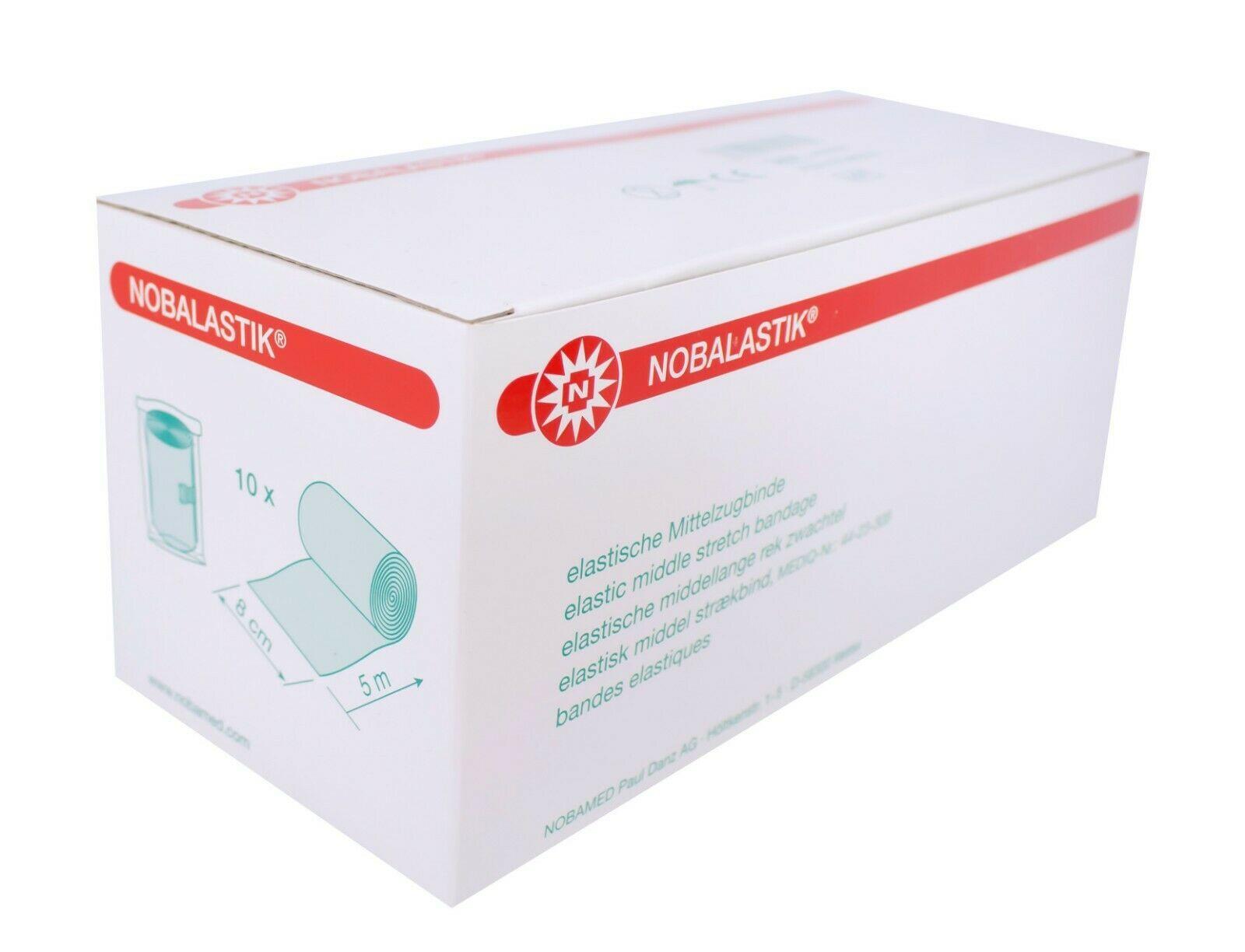 Weiße Verpackung mit roter Schrift und Logo. Aufdruck: NOBALASTIK, elastische Mittelzugbinde. Abbildung: Rolle, 5 m x 8 cm, 10 Stück.