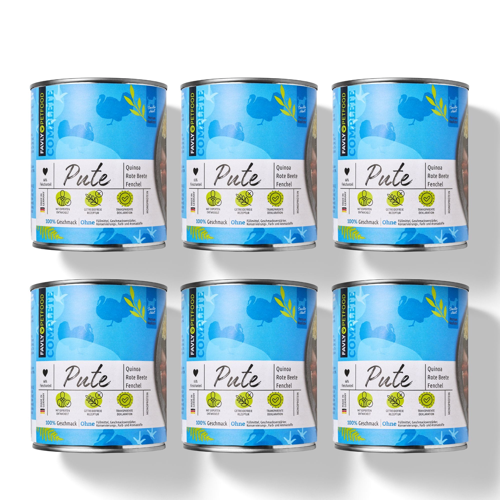 Sechs Dosen Hunde Nassfutter Pute mit Quinoa, Rote Beete & Fenchel. Blaue Dosen mit Produktinformationen und Logo.