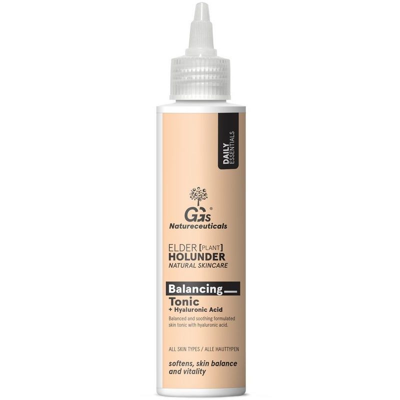 Flasche mit GGs Natureceuticals Balancing Tonic. Weißer Behälter mit Dosierspitze. Text: Elder Holunder, Balancing Tonic + Hyaluronsäure.