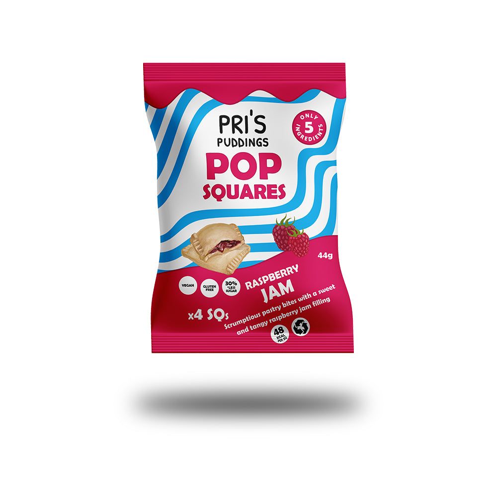 Verpackung mit Pop Squares. Aufschrift: PRI'S PUDDINGS, POP SQUARES, Himbeere. Abbildung von Gebäck und Himbeeren.