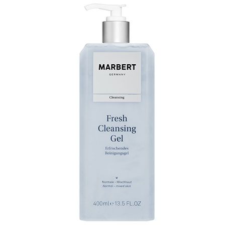 Flasche mit Pumpverschluss. Aufschrift: MARBERT GERMANY, Fresh Cleansing Gel. Für normale bis Mischhaut. Volumen: 400ml.