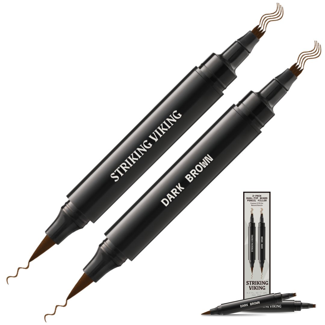 Zwei dunkelbraune Stifte mit Doppelspitze. Aufschrift: STRIKING VIKING, DARK BROWN. Inklusive Verpackung mit Produktabbildung.