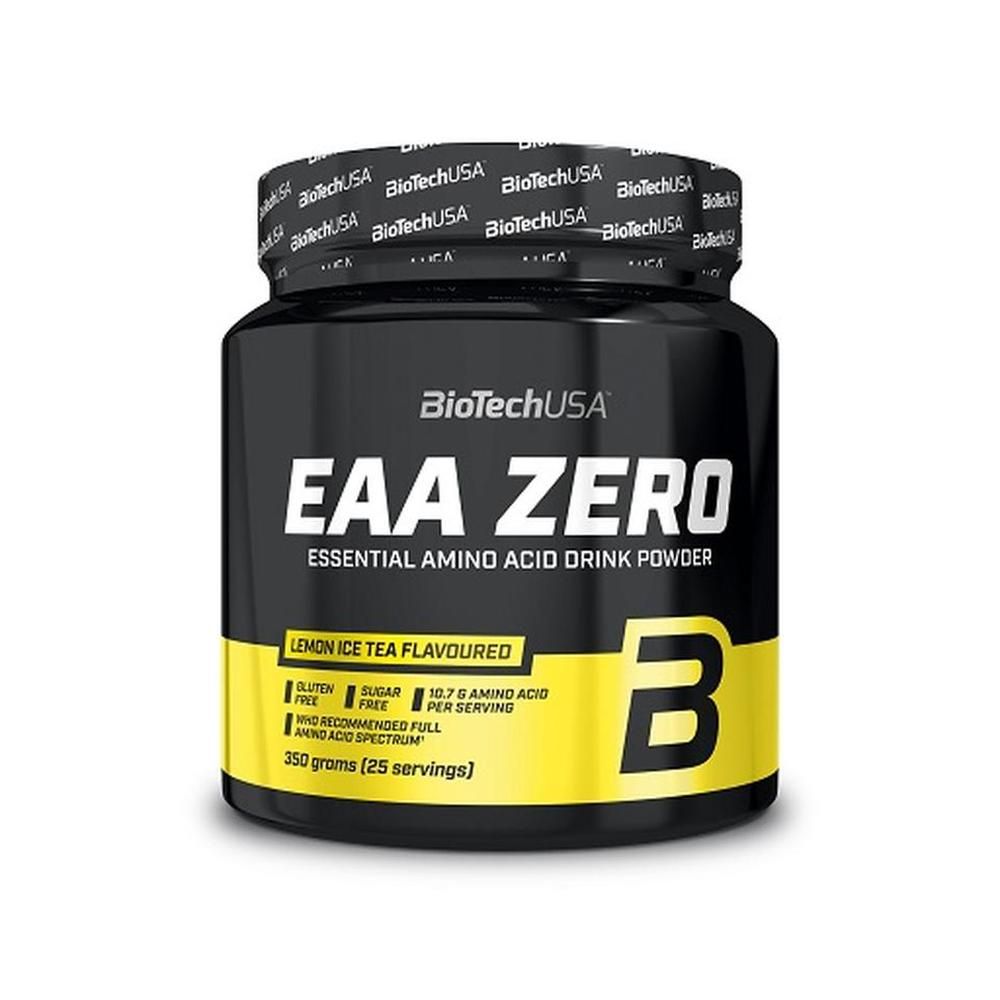 Schwarzes Supplement-Behälter mit gelbem Etikett. Aufschrift: EAA ZERO, Essential Amino Acid Drink Powder. Enthält 350 Gramm (25 Portionen).