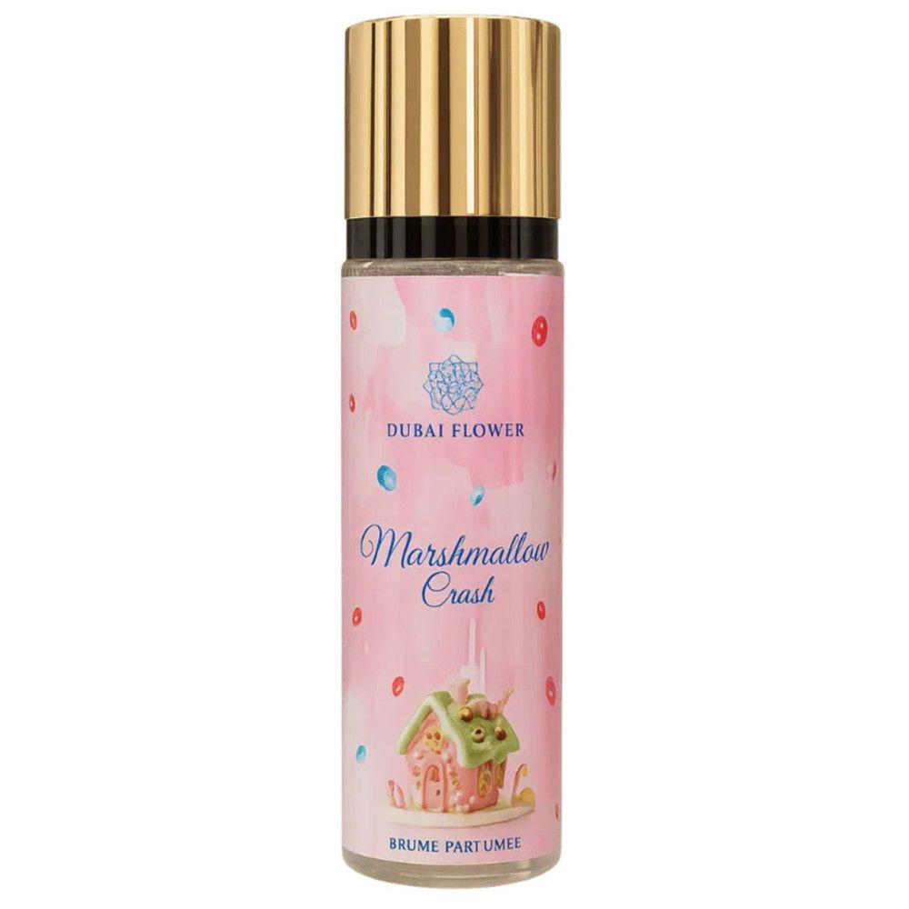 Zylindrische Flasche mit goldenem Deckel. Rosa Etikett mit Text: Dubai Flower, Marshmallow Crush, Brume Parfumée. Abbildung eines Lebkuchenhauses.