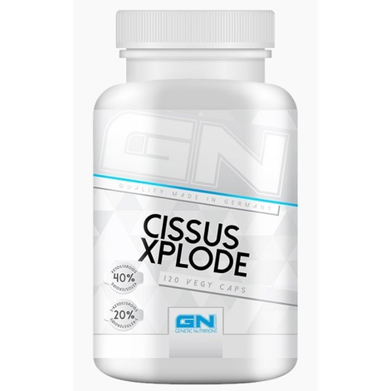 Weiße Flasche mit "GN Cissus Xplode"-Etikett. Enthält 120 Kapseln. "Genetic Nutrition"-Logo.