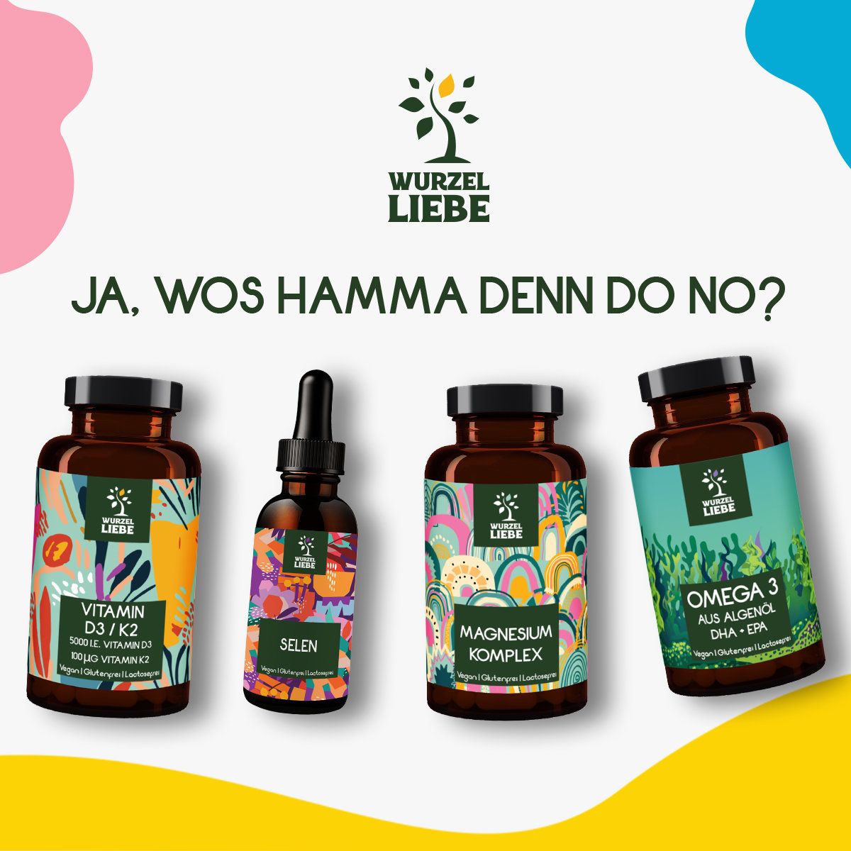 Vier braune Flaschen. Produkte: Vitamin D3/K2, Selen, Magnesium Komplex, Omega 3. Marke: WURZELLIEBE®.