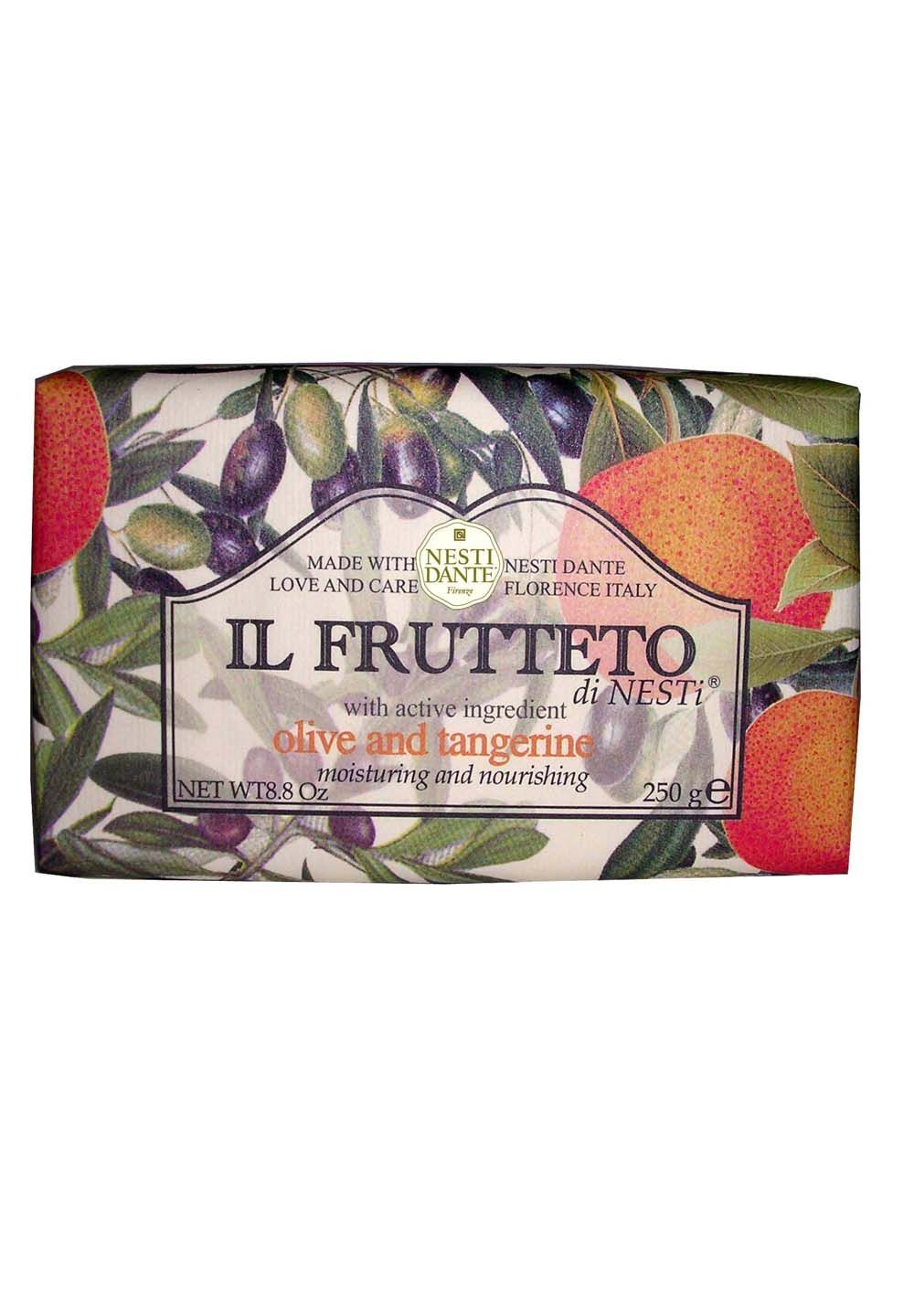 Verpackung von Nesti Dante Il Frutteto Oliven- und Mandarinen-Handseife, 250g.