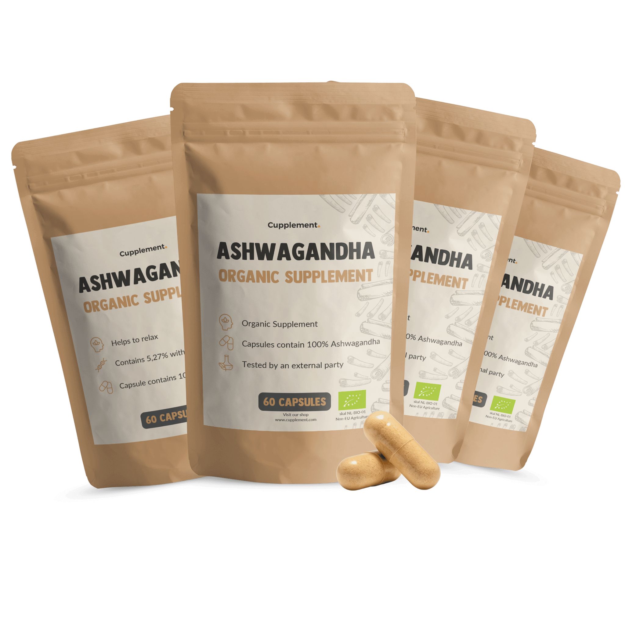 Mehrere Beutel mit Ashwagandha-Kapseln. Aufschrift: Ashwagandha Organic Supplement. 60 Kapseln. Bio-Zertifizierung.