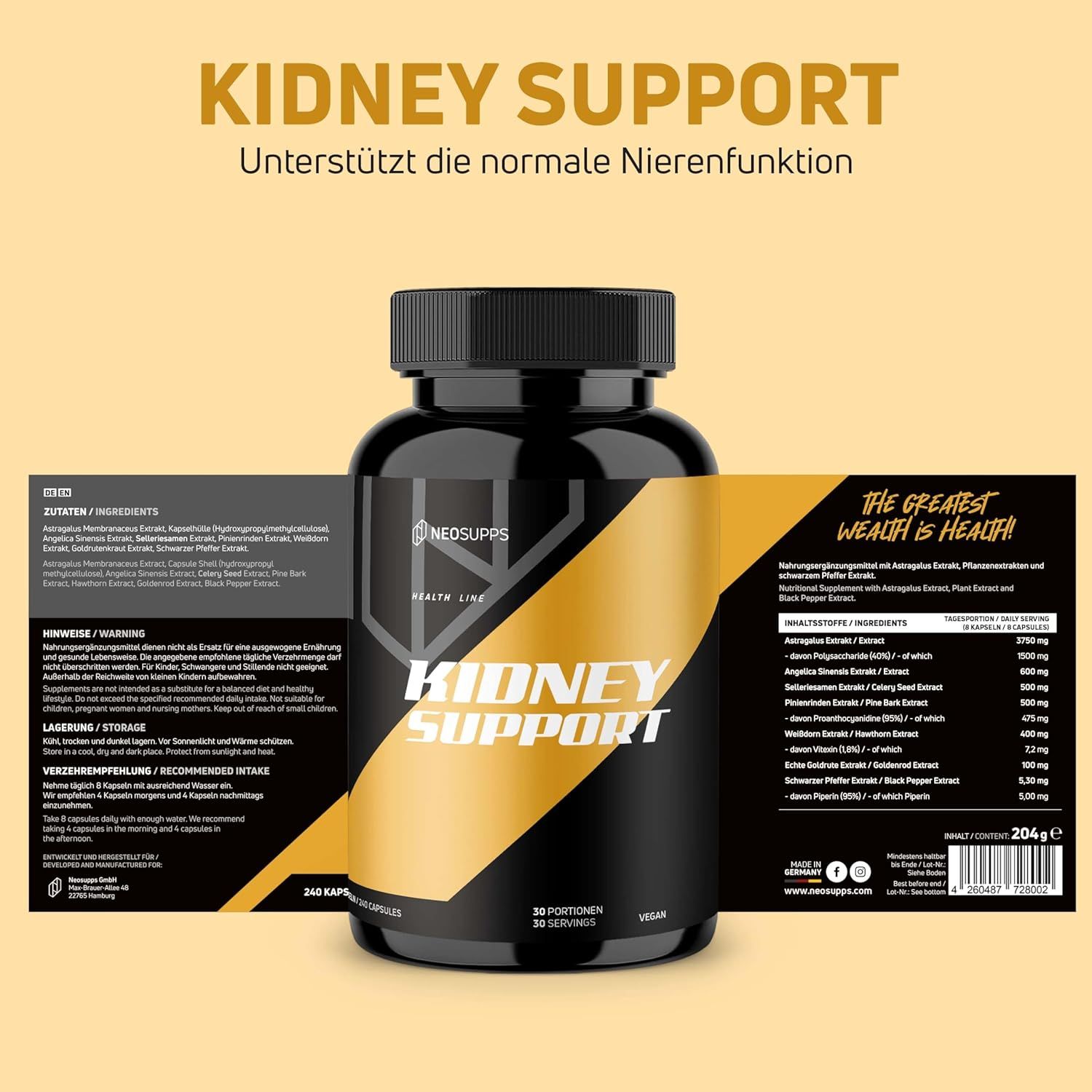 Schwarze Flasche mit gelbem Etikett. Aufschrift: Kidney Support, Neosupps. 240 Kapseln. Zutatenliste. Unterstützt die normale Nierenfunktion.