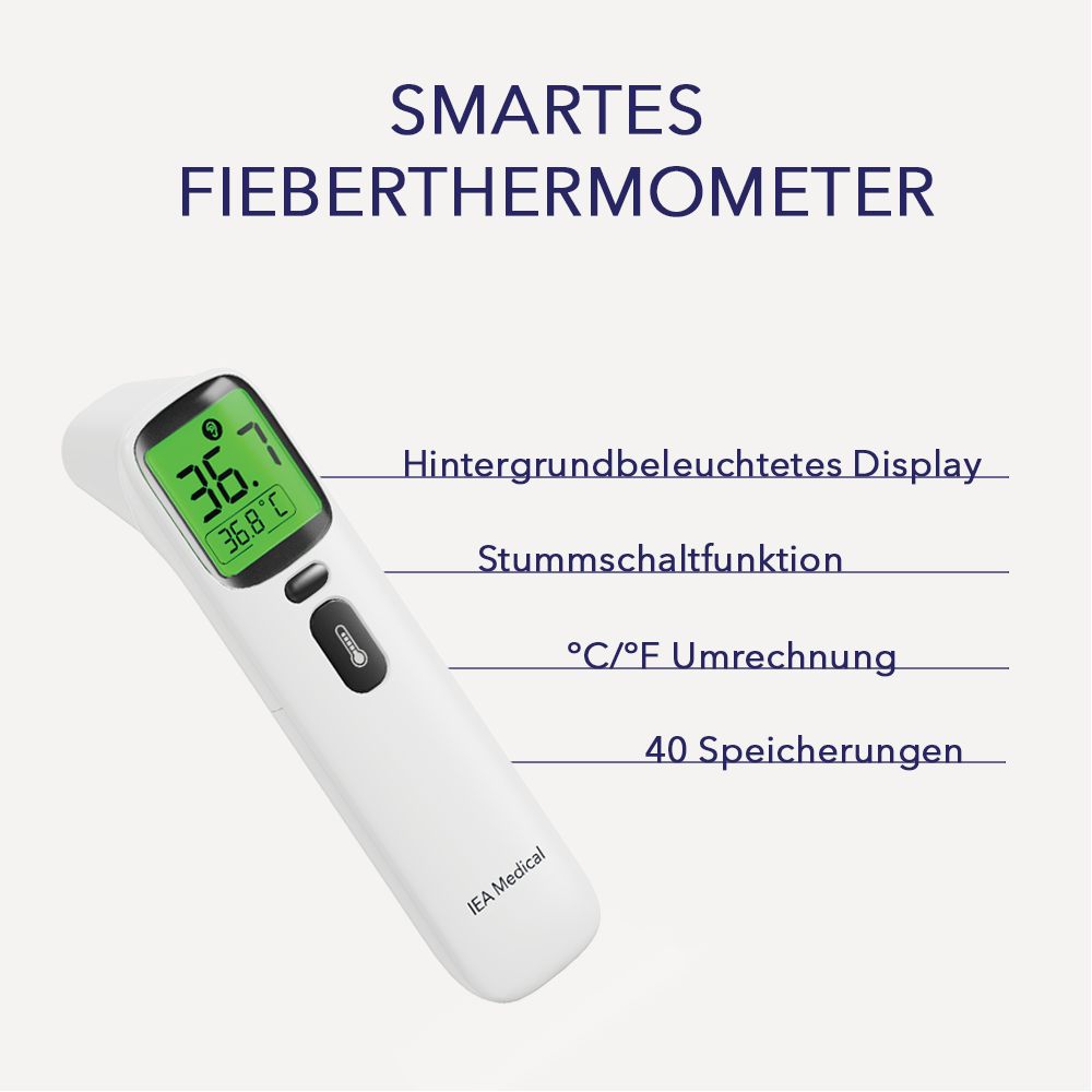 Digitales Fieberthermometer mit Hintergrundbeleuchtung, Stummschaltfunktion, °C/°F-Umrechnung und 40 Speicherplätzen. Marke: IEA Medical.