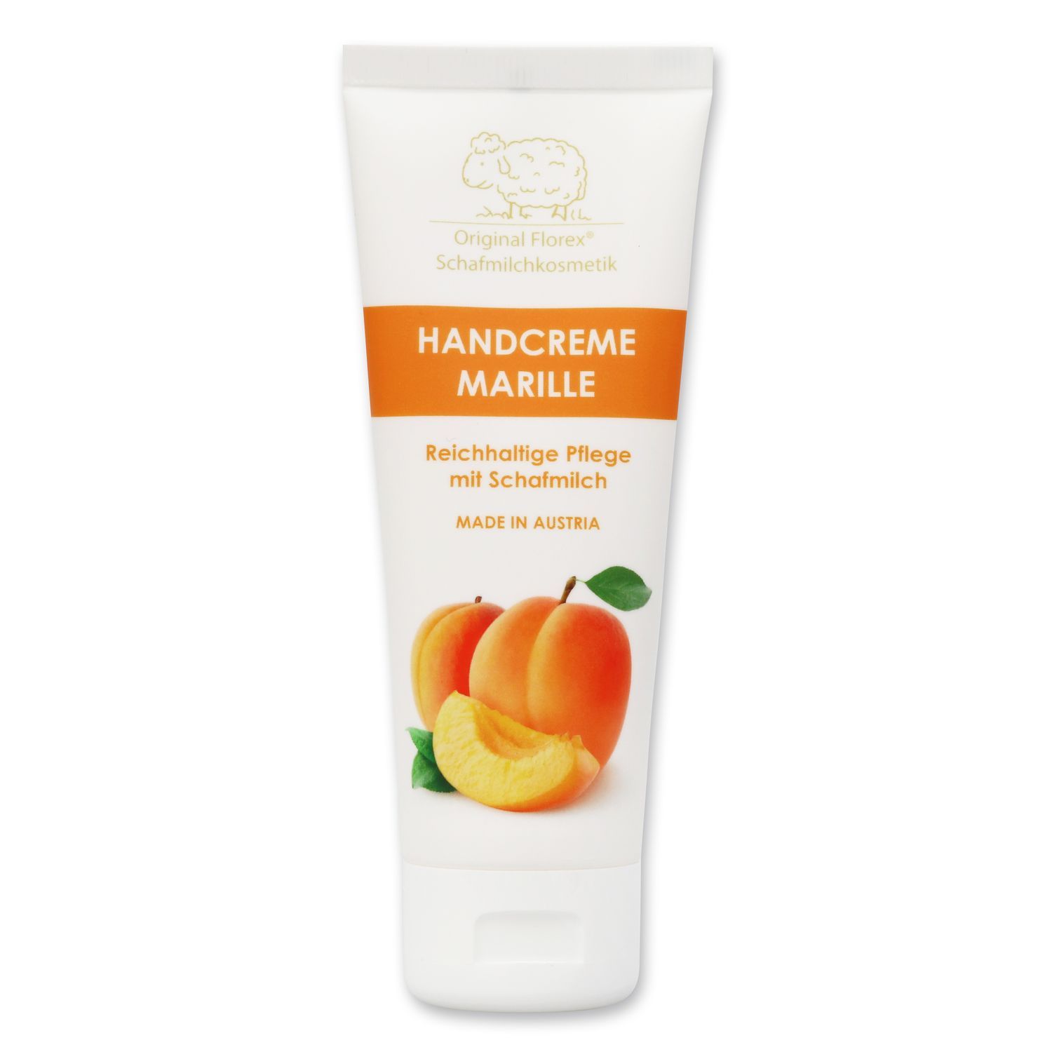Weiße Tube Handcreme mit Text: Handcreme Marille, Reichhaltige Pflege mit Schafmilch, Made in Austria. Abbildung von Aprikosen.