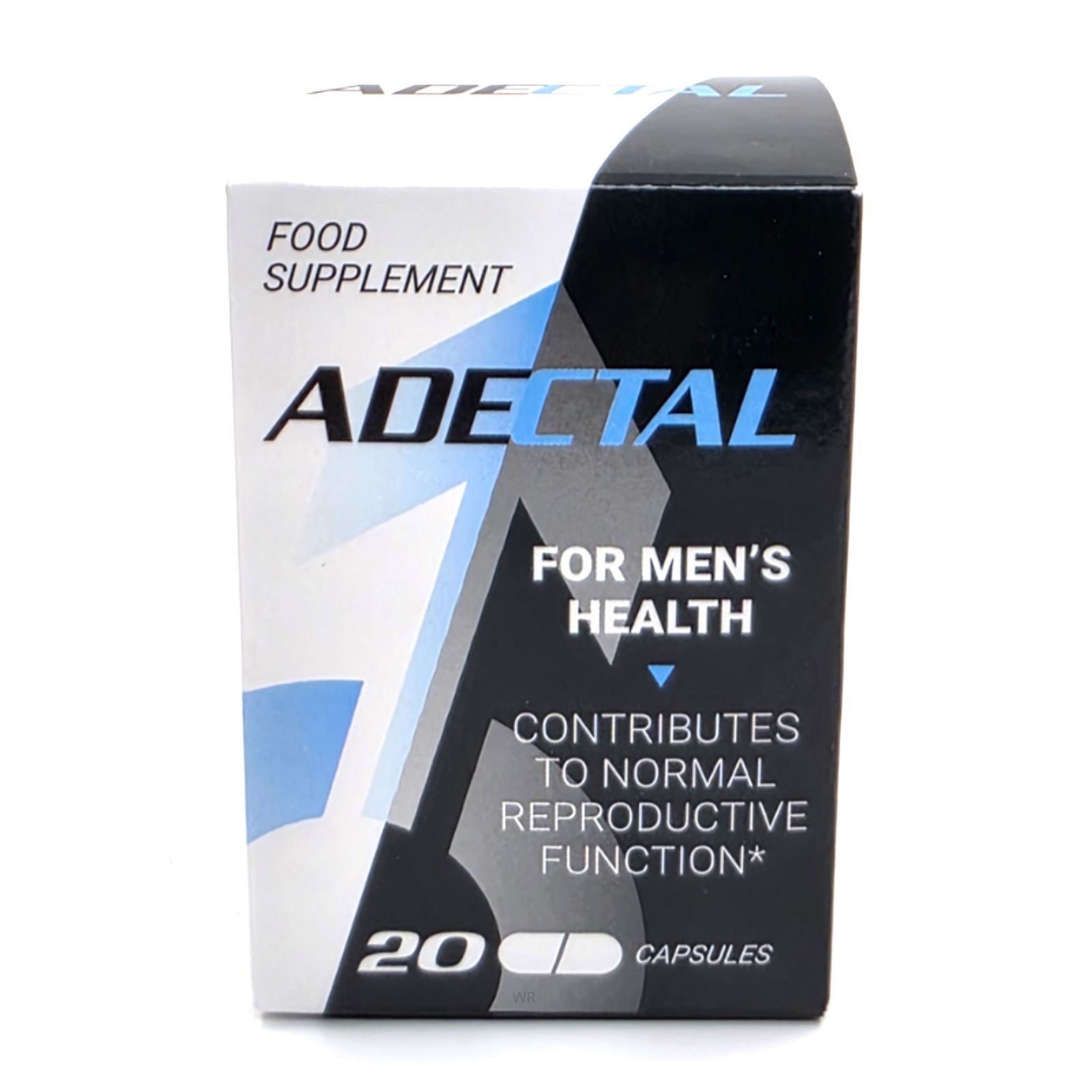 Karton mit ADECtal Kapseln. Aufschrift: Food Supplement, für Männergesundheit, 20 Kapseln. Blauer und schwarzer Hintergrund.