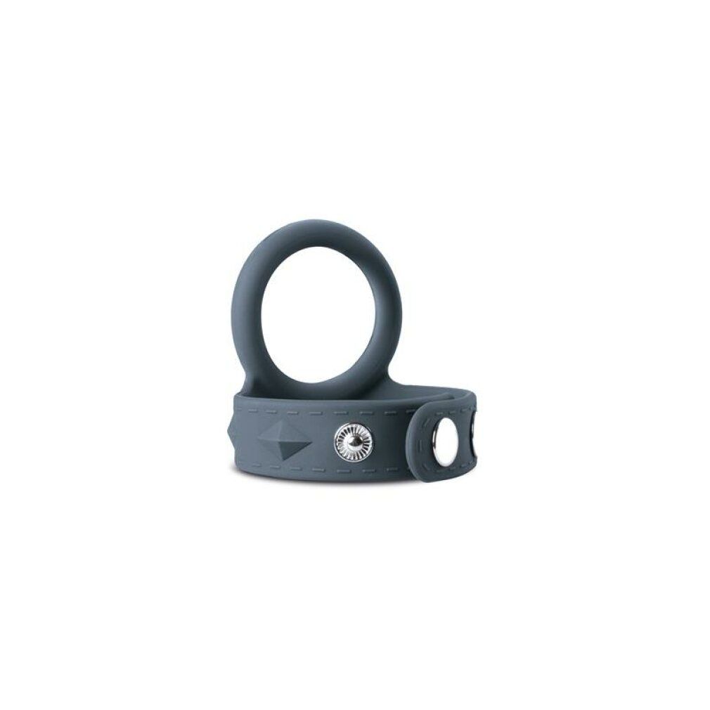 Blau-grauer Ring mit einem Ring und einem Band mit Knöpfen und einem dekorativen Element.