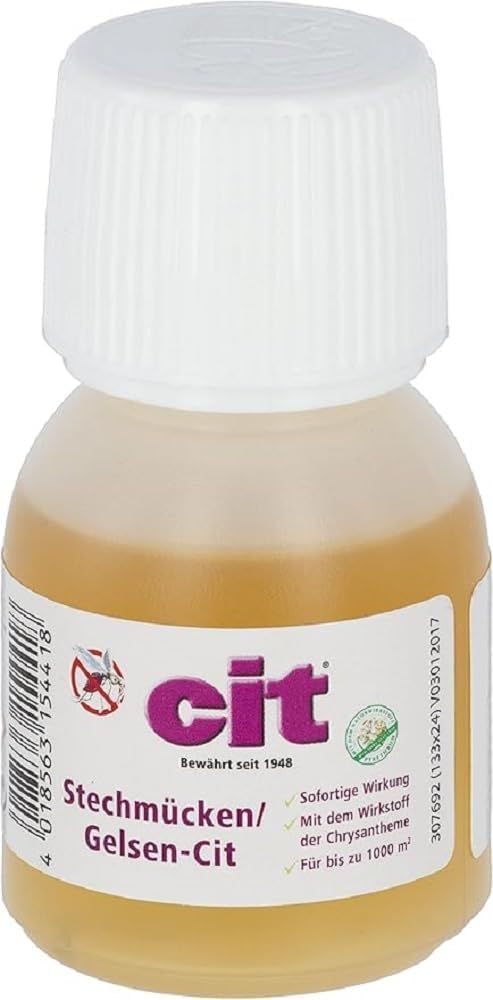 Kleine Flasche mit weißem Deckel. Etikett mit Produktnamen, Logo und Text. Enthält Flüssigkeit. Aufschrift: Stechmücken/Gelsen-Cit.