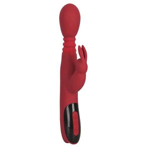 Roter Vibrator mit Kaninchenform. Schwarzes Bedienfeld mit Knöpfen. Geriffelte Textur am Schaft.