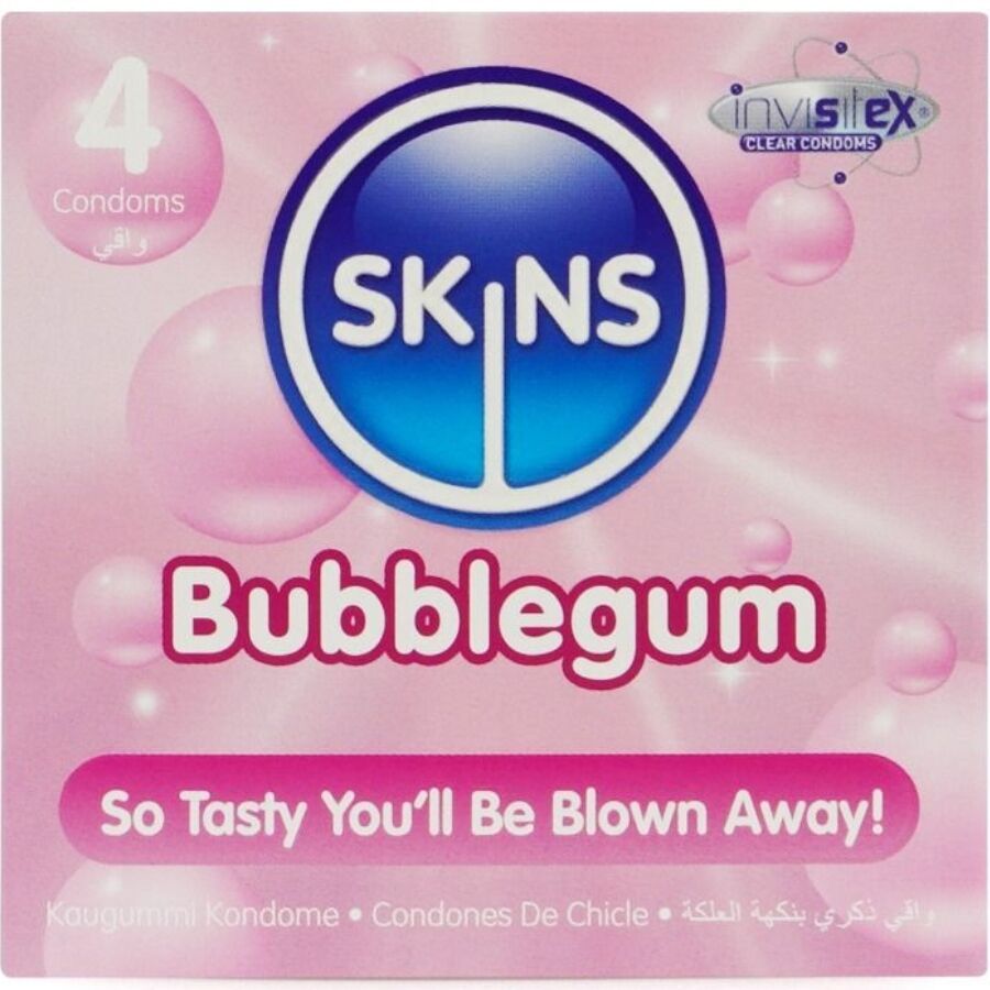 Rosa Verpackung mit SKINS Bubblegum Kondomen. Enthält 4 Kondome. Text: So Tasty You'll Be Blown Away!
