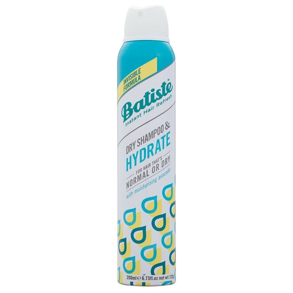 Batiste Trockenshampoo. Zylindrische Dose mit blau-gelbem Design. Text: Dry Shampoo & Hydrate. Für normales oder trockenes Haar.