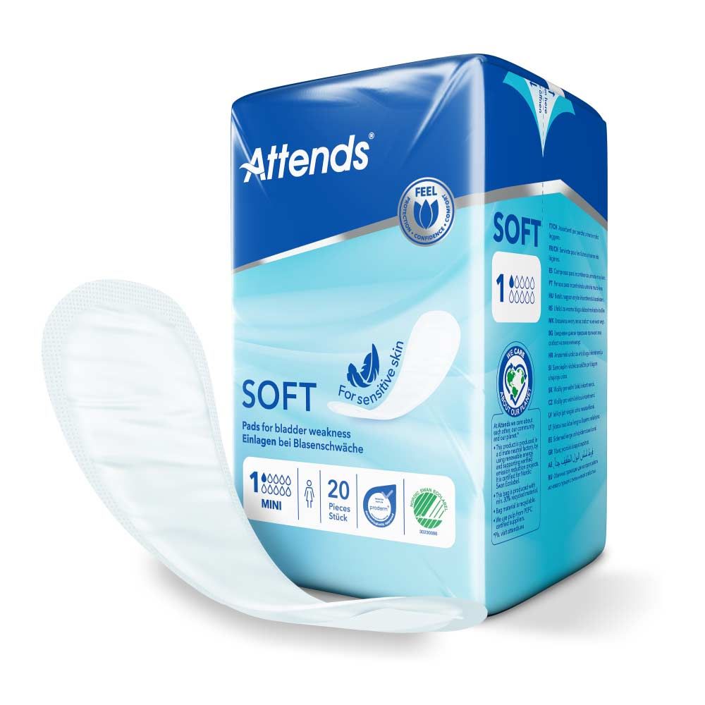 Attends Soft 1 Mini Packung. Blau-weißes Design. Inkontinenzeinlage teilweise sichtbar. Aufdruck: Attends, Soft, 20 Stück.