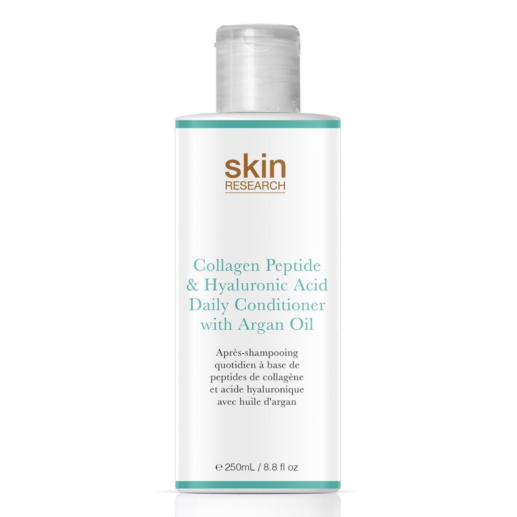 Weißes, rechteckiges Produkt mit grünem Rand und Deckel. Aufschrift: Skin Research, Collagen Peptide & Hyaluronic Acid Daily Conditioner with Argan Oil.